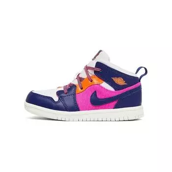 Кроссовки Jordan 1 Mid Fire Pink Barely Grape TD, белый/фиолетовый/оранжевый