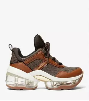 Кроссовки кожаные с логотипом Michael Michael Kors Olympia Extreme Logo and Leather, темно-коричневый
