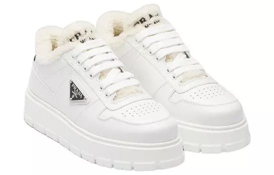 Кроссовки leather and shearling sneakers 'white' Prada, белый