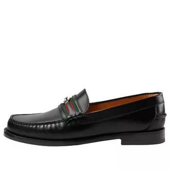 Кроссовки loafer with interlocking g green and red web 'black leather' Gucci, черный