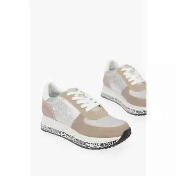 Кроссовки LOVE из замши и кожи с пайетками Moschino, Beige