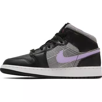 Кроссовки Nike Air Jordan 1 Mid SE GS Houndstooth, фиолетовый/черный/серый