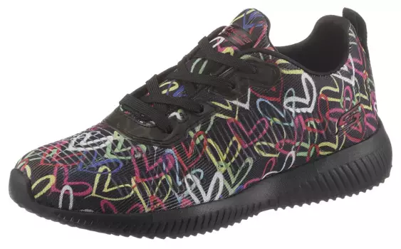 Кроссовки Skechers "BOBS SQUAD", с принтом в виде сердца по всей поверхности, повседневная обувь, полуботинки, туфли на шнуровке, черный