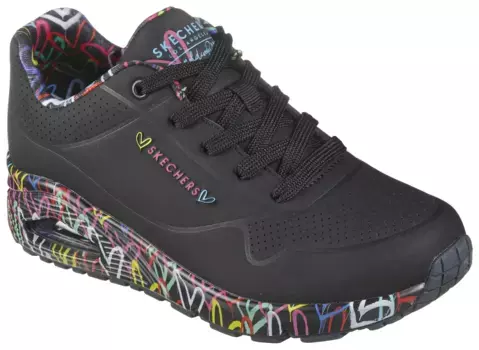 Кроссовки Skechers на танкетке "UNO-LOVING LOVE", с классным принтом граффити, повседневная обувь, полуботинки, туфли на шнуровке, черный
