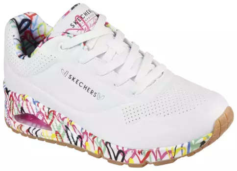 Кроссовки Skechers на танкетке "UNO-LOVING LOVE", с классным принтом граффити, повседневная обувь, полуботинки, туфли на шнуровке, белый