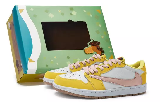 Кроссовки Travis Scott Air Jordan 1 Vintage Basketball Shoes Women's Low-top White And Yellow, белый/желтый