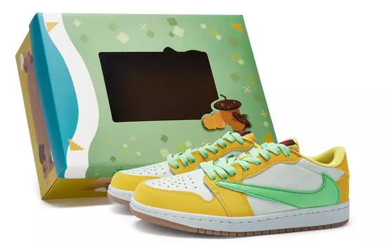 Кроссовки Travis Scott Air Jordan 1 Vintage Basketball Shoes Women's Low-top White, Yellow, Blue, белый/желтый/синий