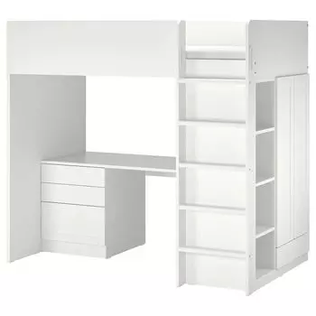 Кровать-чердак SMSTAD IKEA, 90x200 см, цвет white with frame