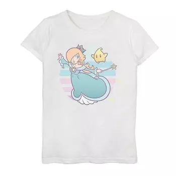 Круглая футболка с изображением портрета Nintendo Super Mario Galaxy Rosalina и Luma для девочек 7–16 лет Licensed Character, белый