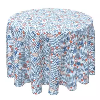 Круглая скатерть, 100 % хлопок, 60 круглых дюймов, рисунок морской жизни в полоску.