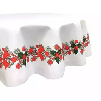 Круглая скатерть, 100% полиэстер, круглая 90 дюймов, гирлянда из остролиста и колокольчиков.