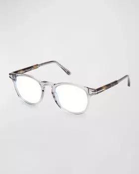 Круглые очки из ацетата и металла с синей блокировкой TOM FORD, цвет Shiny Dark Gunmetal Shiny Black