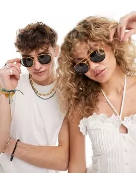Круглые солнцезащитные очки Ray-Ban из сочетания черного и золотого ацетата металла