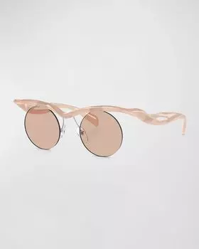 Круглые солнцезащитные очки смешанной техники без оправы Prada, цвет Lite Brown