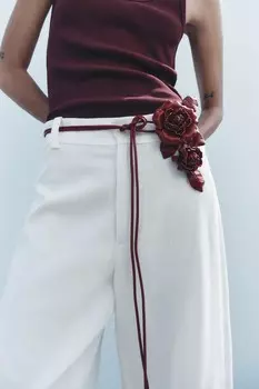 Круглый кожаный ремень с цветами ZARA, бордовый