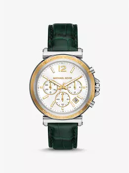 Крупные часы из серебристой кожи марен и тисненой под крокодила Michael Kors, зеленый