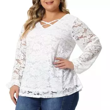 Кружевная блузка для женщин больших размеров, прозрачные топы с эластичными манжетами и длинными рукавами, перекрестный V-образный вырез Agnes Orinda