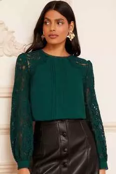 Кружевная блузка с длинными рукавами завязанными сзади Love & Roses, зеленый