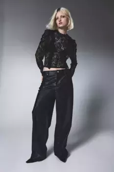 Кружевная блузка с пышными рукавами и рюшами H&M, черный