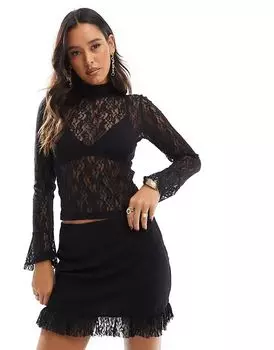 Кружевная мини-юбка с оборкой по подолу черного цвета ASOS DESIGN