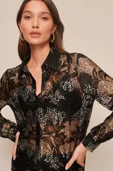 Кружевная рубашка с длинными рукавами и металлизированным принтом Next, черный