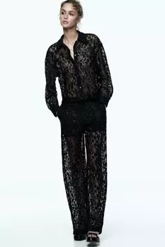 Кружевная рубашка с пайетками ZARA, черный