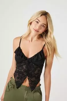 Кружевная укороченная майка с разрезом по краю Forever 21, черный