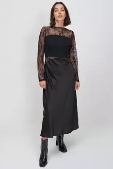 Кружевное атласное платье миди Next, черный