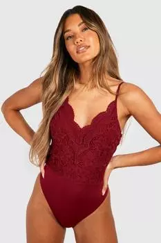 Кружевное боди премиум Boohoo, бордовый