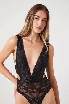 Кружевное боди Тедди с глубоким вырезом Forever 21, черный
