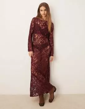 Кружевное макси-платье с рукавами-ангелами в бордовом цвете ASOS DESIGN