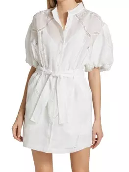 Кружевное мини-платье Frame с пышными рукавами и вставкой, blanc