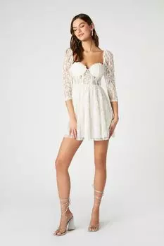Кружевное мини-платье с расклешенной юбкой Forever 21, ванилла