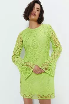 Кружевное мини-платье с рукавами-фонариками Warehouse, зеленый