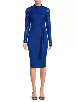 Кружевное облегающее платье с воротником-стойкой Bebe, темно-синий