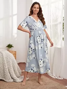 Кружевное платье для беременных с цветочным принтом для мам Shein, синий/белый