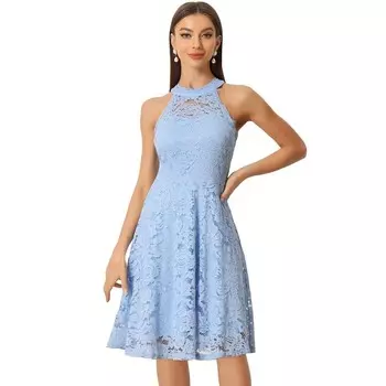 Кружевное платье для женщин, элегантное коктейльное платье трапециевидной формы без рукавов с бретелькой на шее ALLEGRA K, цвет Light Blue