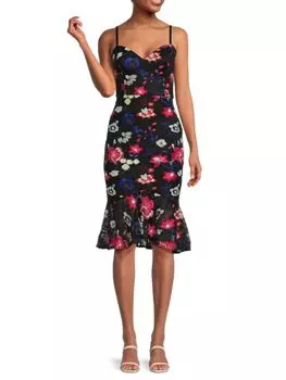 Кружевное платье-футляр миди с цветочным принтом Guess, цвет Black Multi