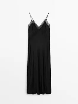 Кружевное платье-комбинация миди Massimo Dutti, черный