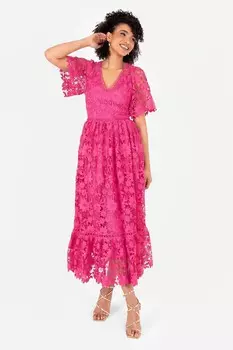 Кружевное платье мидакси с V-образным вырезом и декоративной отделкой Lovedrobe, розовый
