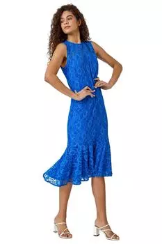 Кружевное платье миди без рукавов с оборкой и подолом Roman, синий