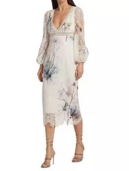 Кружевное платье миди Monique Lhuillier с объемными рукавами, floral