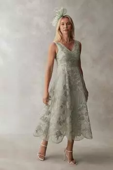 Кружевное платье миди премиум-класса с глубоким вырезом и ажурной вышивкой Coast, зеленый