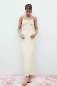 Кружевное платье миди с бантом ZARA, устрично-белый