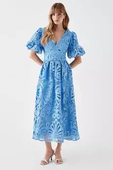 Кружевное платье миди с пышными рукавами Coast, синий