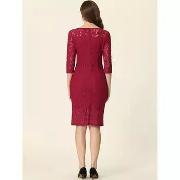 Кружевное платье миди с рукавом 3/4 для женщин с квадратным вырезом, прямое, усталое ALLEGRA K, розовый