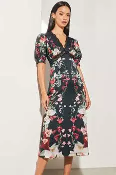 Кружевное платье миди с V-образным вырезом и короткими рукавами-буфами Lipsy, красный