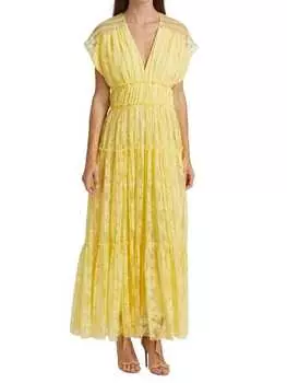 Кружевное платье миди шантильи Lela Rose с рюшами, limoncello