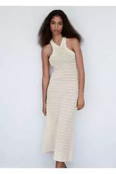 Кружевное платье с бретелькой на шее Mango, экрю