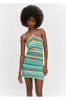 Кружевное платье с бретелькой на шее Mango, зеленый